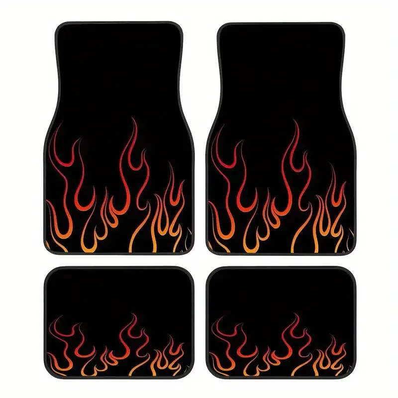 4pcs Flame Design Car Floor Mats - Easy To Clean, Durable Polyester Mats For Front & Rear Of Vehicles, Stylish Red & Orange Flam
