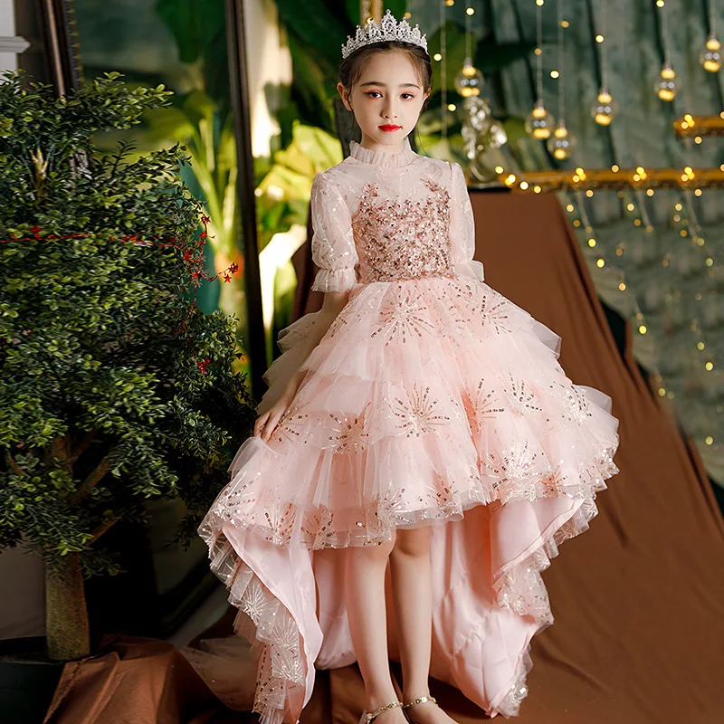 Teen Girls Formal Party Gown Kids Sequin Tutu Princess Dress Little Girls Cocktail and Evening Dresses Pink Classic High Low