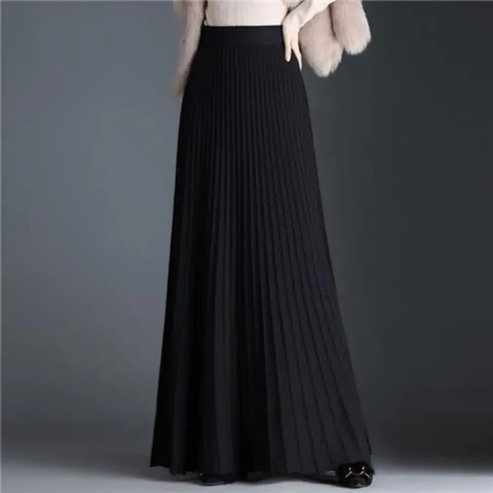 

2024 New Spring Autumn Design Sensibility High-end Feel Half-polo/turtle Neck Slimming Waist-fit Extra Long Pleated Skirt L137