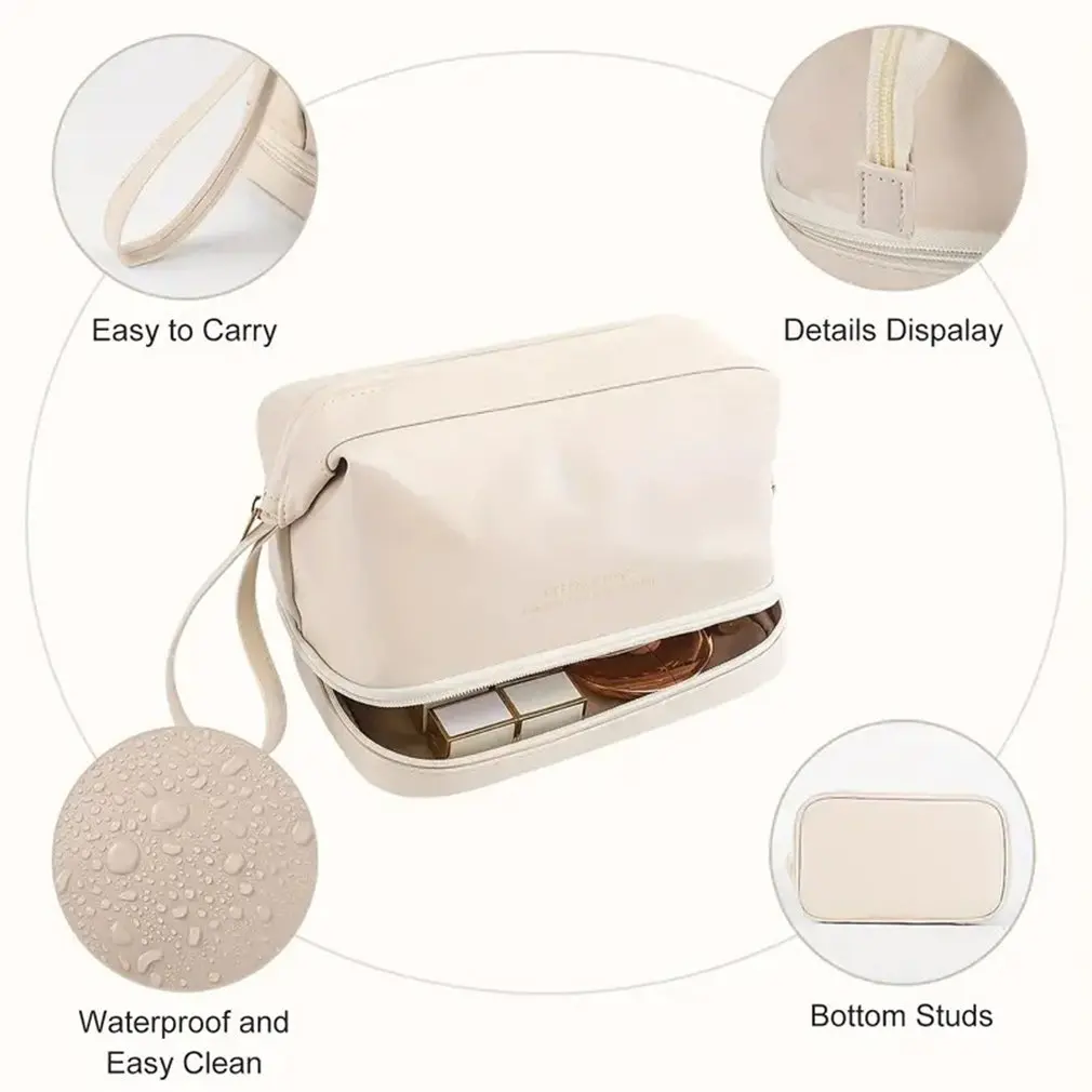 Travel Large Double Layer Cosmetic Bag Waterproof Leather Makeup Bag Women Girls Portable Toiletry Bag Make Up Storage Organizer