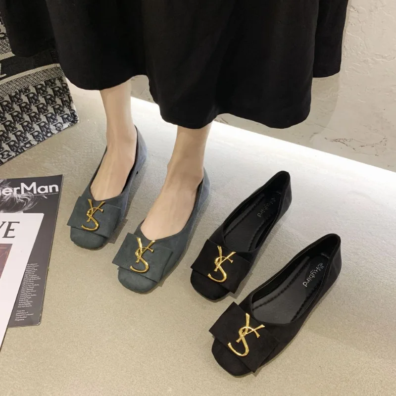 Women Suede Flat Shoes Spring New Fashion Versatile Soft Sole Square Toe Metal Buckle Decoration Commuting Elegant Women Shoes