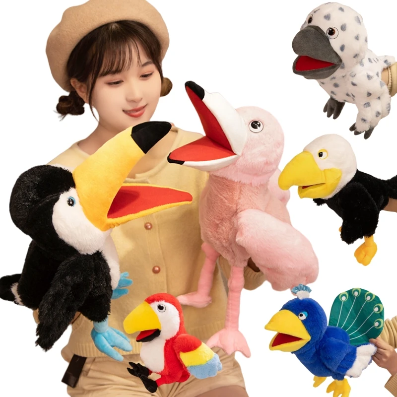 35cm Cartoon Simulation Birds Series Hand Puppet Stuffed Animal Soft Parrot Flamingo Whiteheaded Eagle Doll Funny Birthday Gifts