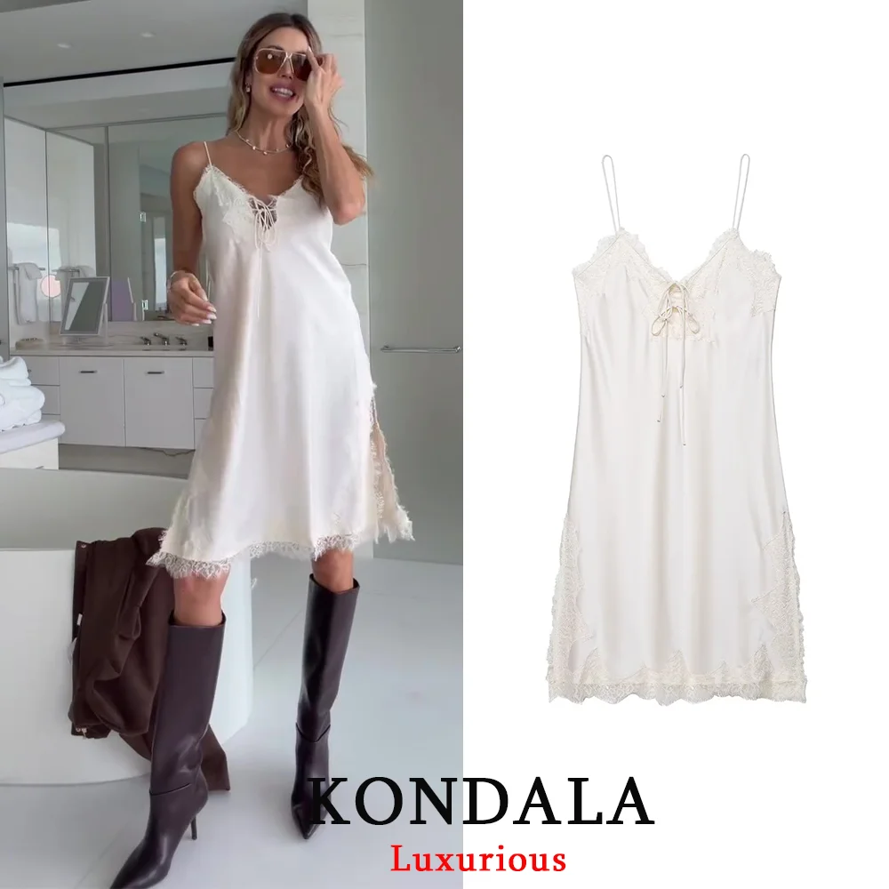 KONDALA-vestido Sexy elegante de encaje satinado blanco para mujer, vestido camisola holgado con cuello de pico y pajarita, moda 2021, ropa de calle para fiesta y Club nocturno