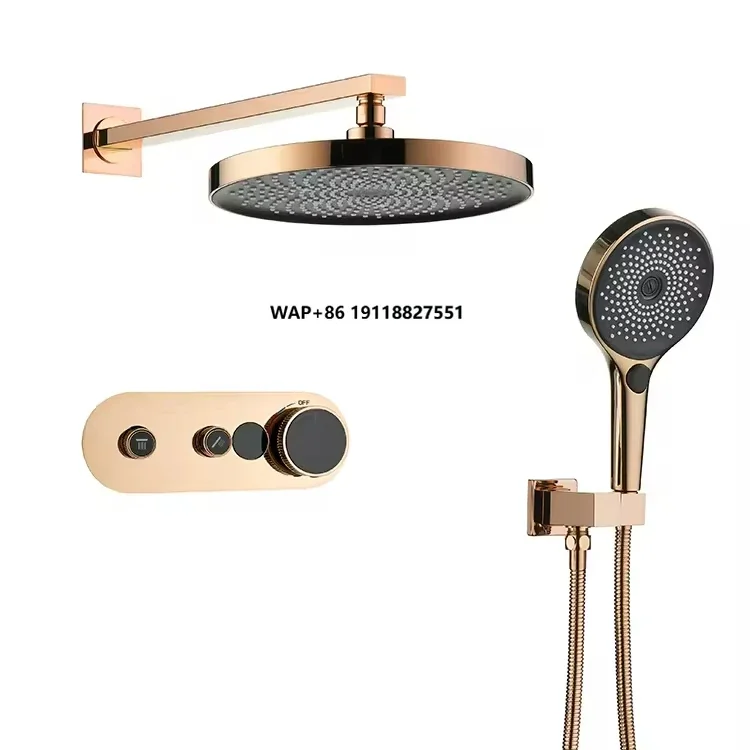New Design Rose Gold Wall-Mounted Digital Display Concealed Round Shower Head Bathroom Shower Set