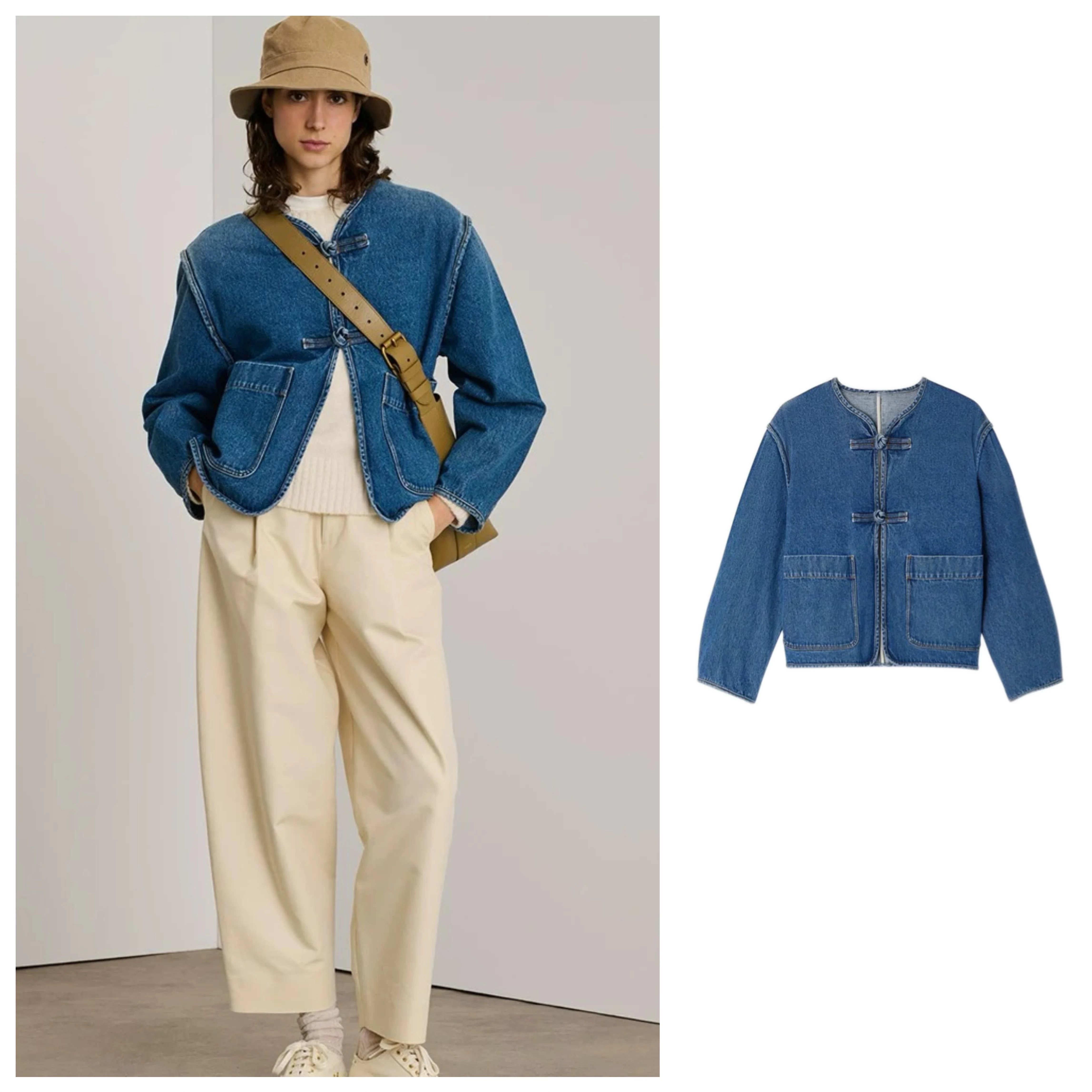 

Paris Soe New Chinese Style Jacket Handbag 25 Autumn Retro Button Decorated Cotton Denim Women's Short Outerwear Coat