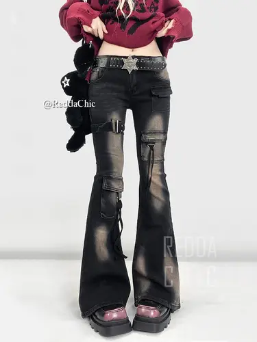 REDDACHiC Low Waist Cargo Jeans Women Distressed Buckle Belt Bootcut Denim Pants Tall Girl Long Trousers Retro Grunge Streetwear - Image 2