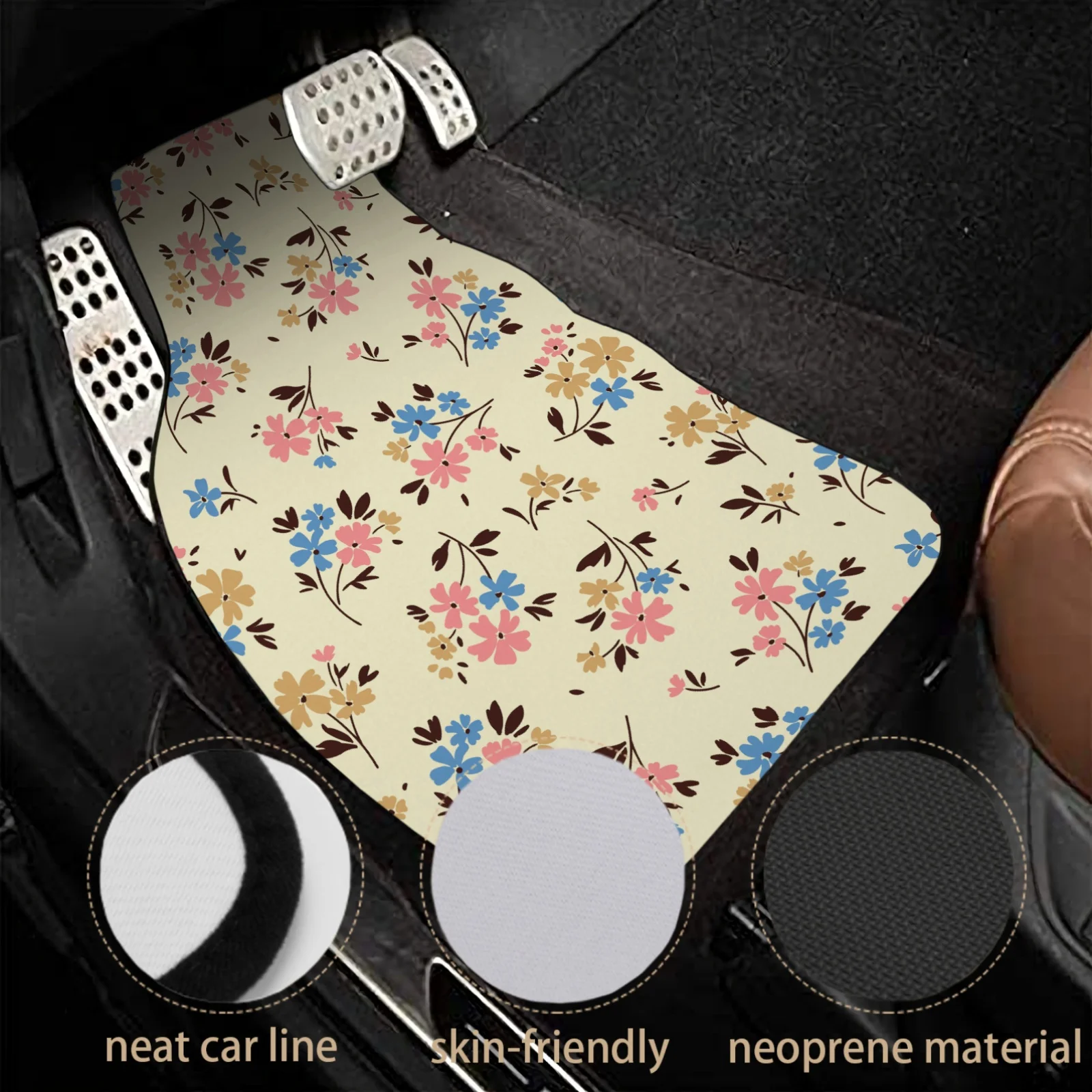 Set Of 4 Stylish Car Floor Mats Featuring A Floral Design, Perfect For A Spring Drive. They Have A Non-Slip Base And Provide All