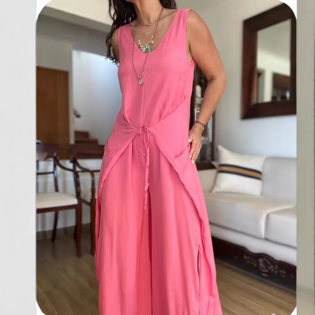 New Summer Loose White Sleeveless Irregular Jumpsuits Women's Summer Sleeveless Fashion Lace-up Casual Streetwear Woman Rompers