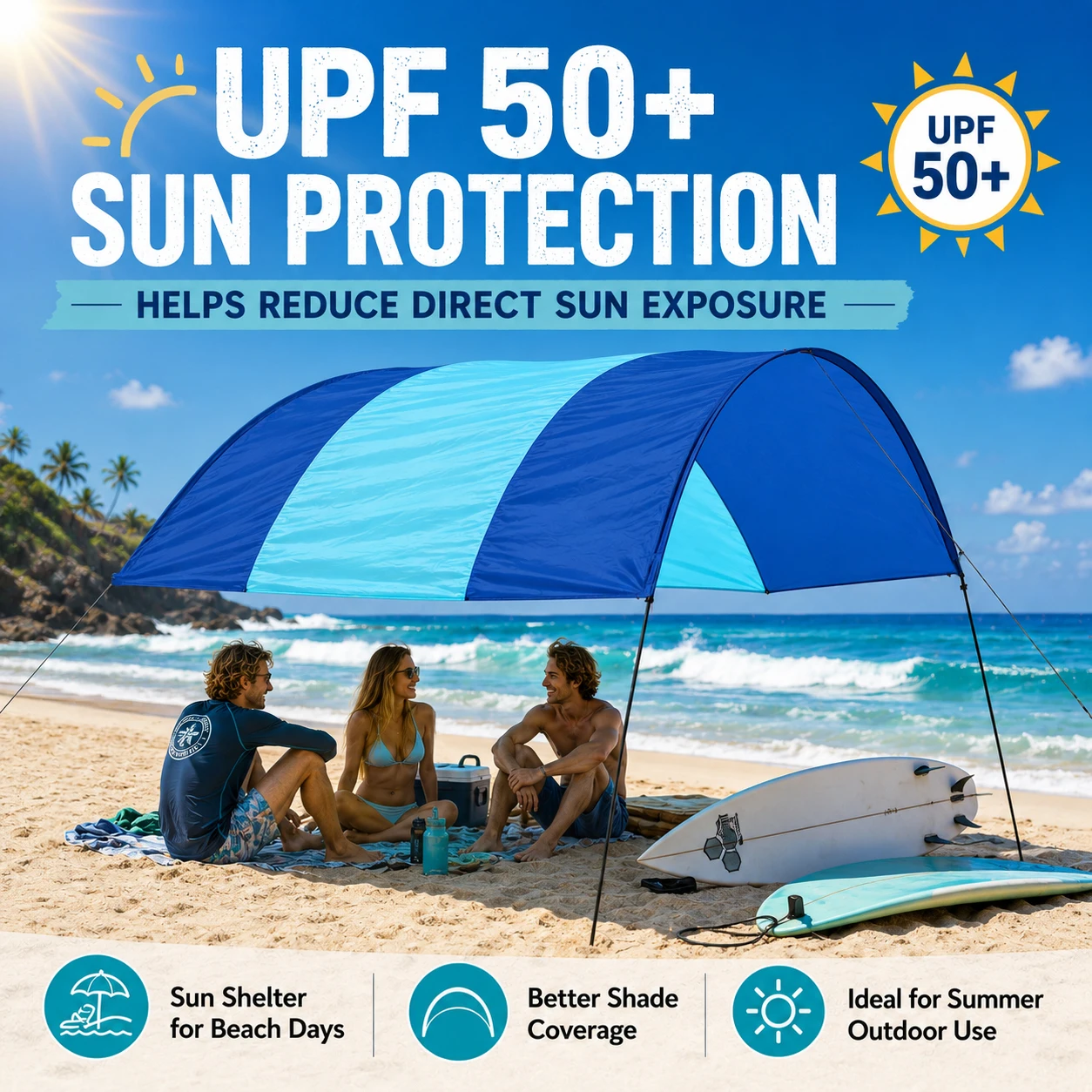 150 SQ.FT Beach Shade Canopy, UPF50+ Wind-Powered Lightweight Beach Tent with Sand Anchors for Surfing Water Sports view 5