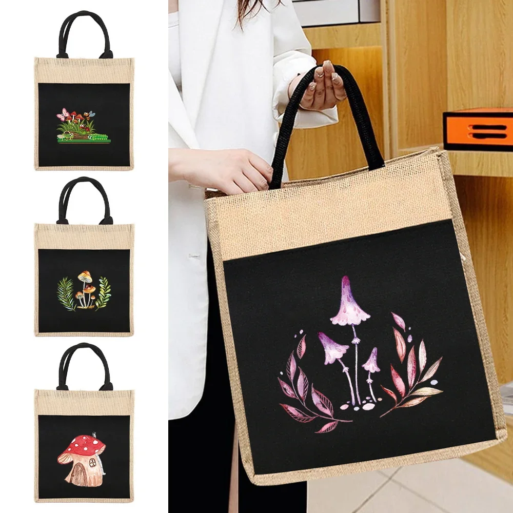 Eco-friendly Shopping Bags Reusable Shoulder Tote Bag Women's Linen Tote Bag Mushroom Series for Grocery Shopping Tote 2026