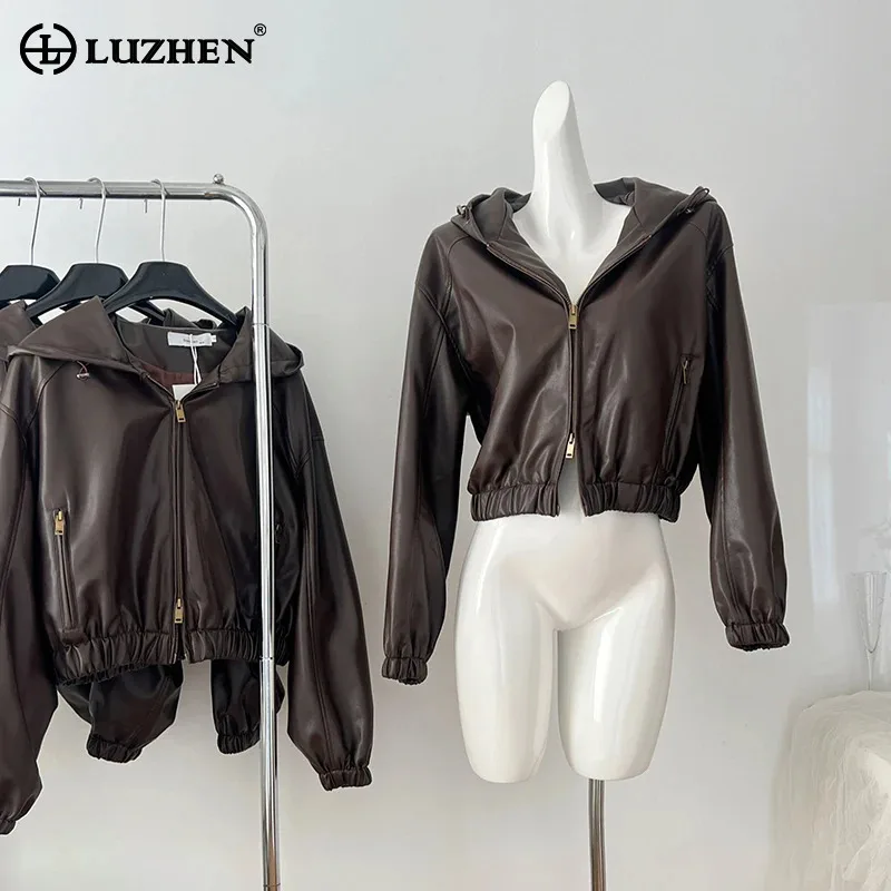 

LUZHEN Solid Color Double Zipper Design Hooded Leather Jacket Women 2024 New Slim Elastic Waist High Quality Casual Coat AA1557