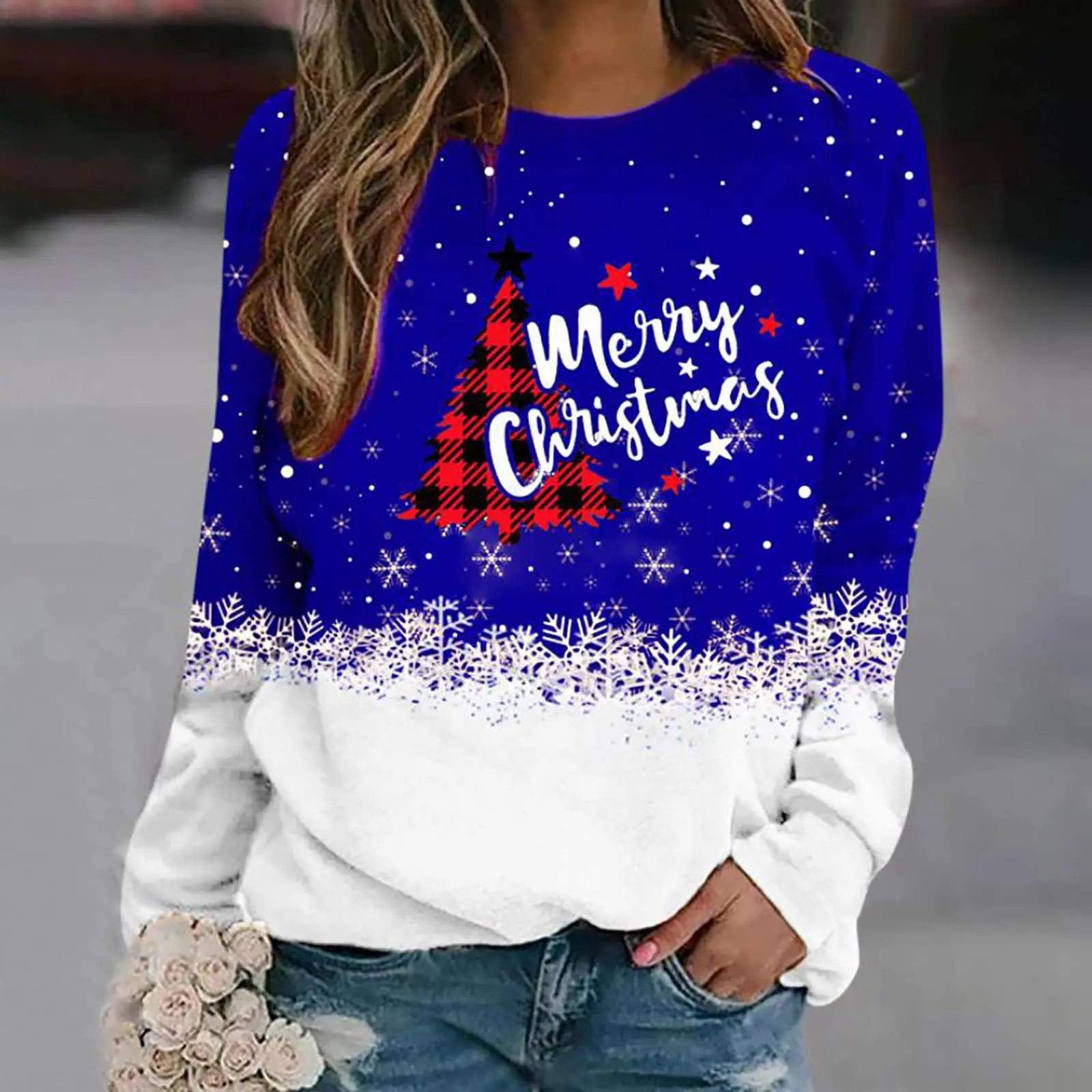 Women Sweatshirt Designer Round Neck Long Sleeve Fashion Casual 3D Gradient Snowflake Pattern Printing Christmas Party Tops