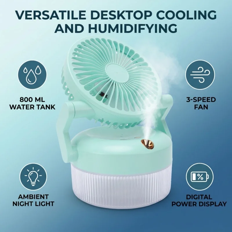 800ML Desk Fan Air Humidifier 3 Gears Cooling Fan With Ambient Light Green For Office Home