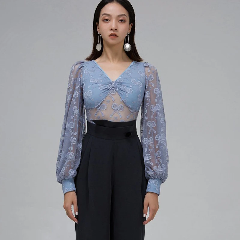 

Blue Lantern Sleeves Latin Dance Bodysuit Latin Dance Clothes Women Ballroom Dance Top Adults Modern Dancing Wear SL11784