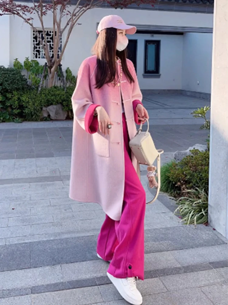 

New Chinese Style Women's Woolen Coat 2023 Autumn Winter Plum Red Elegance High End Feeling Cashmere Coat for Women