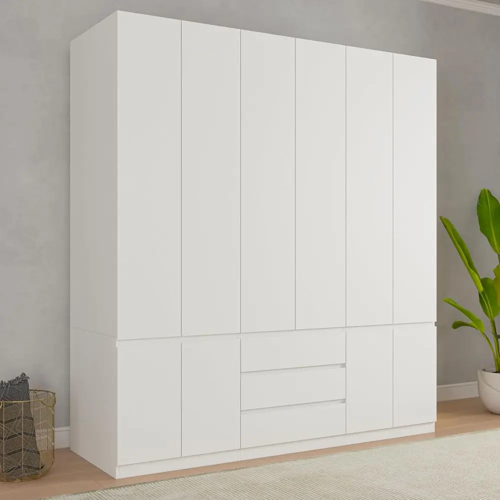 

Large 6-Door Wooden Wardrobe Closet with Hanging Rod and Shelves, White Bedroom Storage Organizer