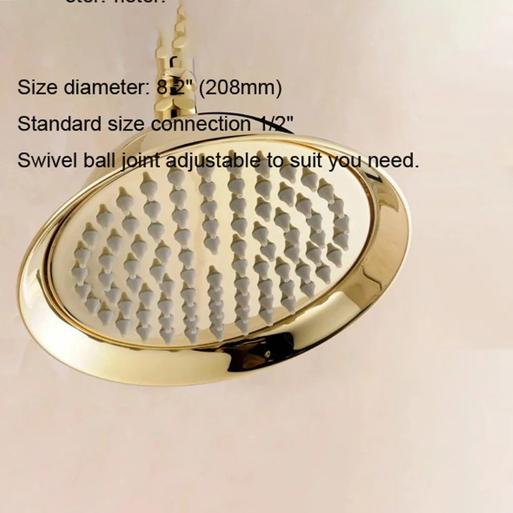 8.2 inch Round Luxury Gold Color Brass Rainfall Shower Head Top Over Head Bathroom Shower Sprayer Rainfall Shower Heads Lsh045