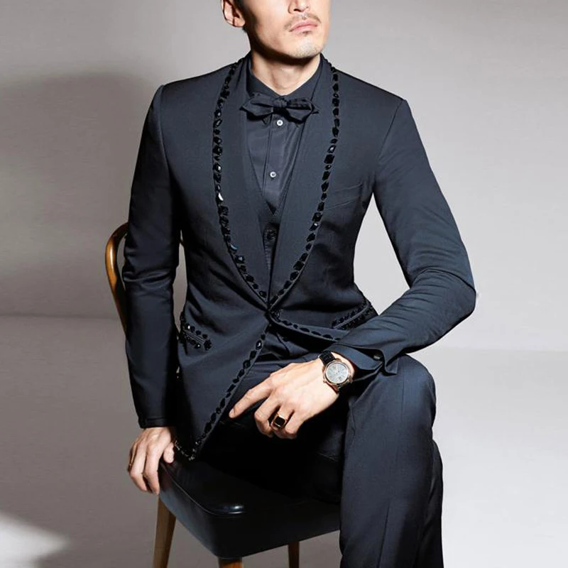 Navy Blue Rhonestone Men Suits Stunning 3 Piece Groom Tuxedo For Wedding Prom With Shawl Lapel Custom Man Fashion Clothes 2024