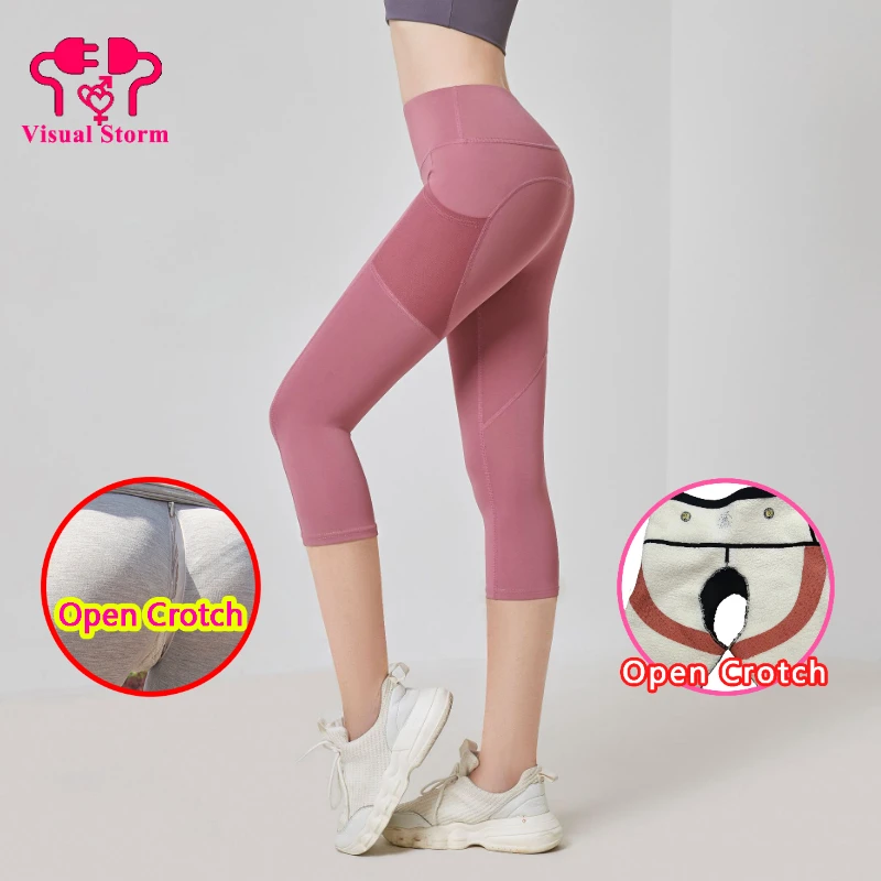 Open Crotch Sexy Push Up Leggings Women Gym Fitness Casual Side Pockets Hot Pants Erotic Open Hole Sweatpant Knee-Length Cloth