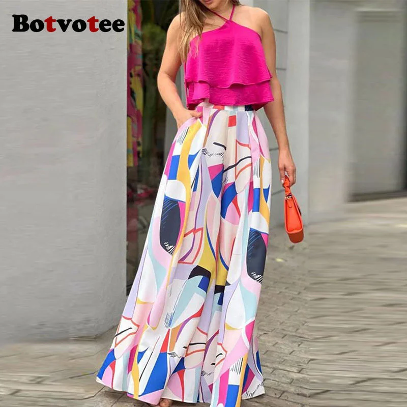 Botvotee Ruffles Dress Sets for Women Y2k Fashion New Sexy Elegant Office Ladies Sets Sleeveless Geometric Baggy Dress Sets