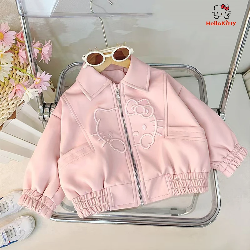 

Hello Kitty Coat Spring Embroidery Toddler Girls Pu Leather Jackets Clothing Kawaii Zipper Jacket Outerwear Zipper Casual Coat