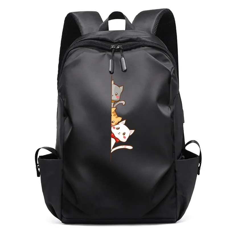 Women Man Travel Party Cat Peeking Pattern Printed Backpack Water Repellent Daypack Bag Strap USB Charging Port Backpack