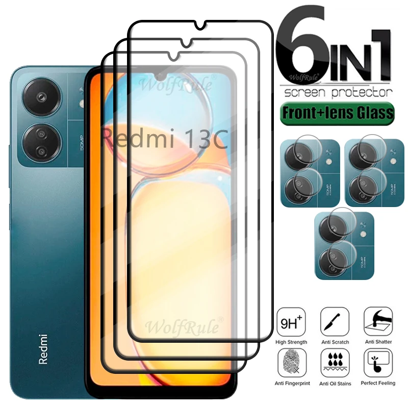 Protector de pantalla de vidrio templado 6 en 1 para Redmi 13C, funda completa con pegamento, película de teléfono 9H, Xiaomi Redmi 13C