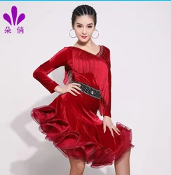 1pcs/lot woman fashion velvet latin dancing dress lady winter long sleeve cha cha dancing ruffles dress