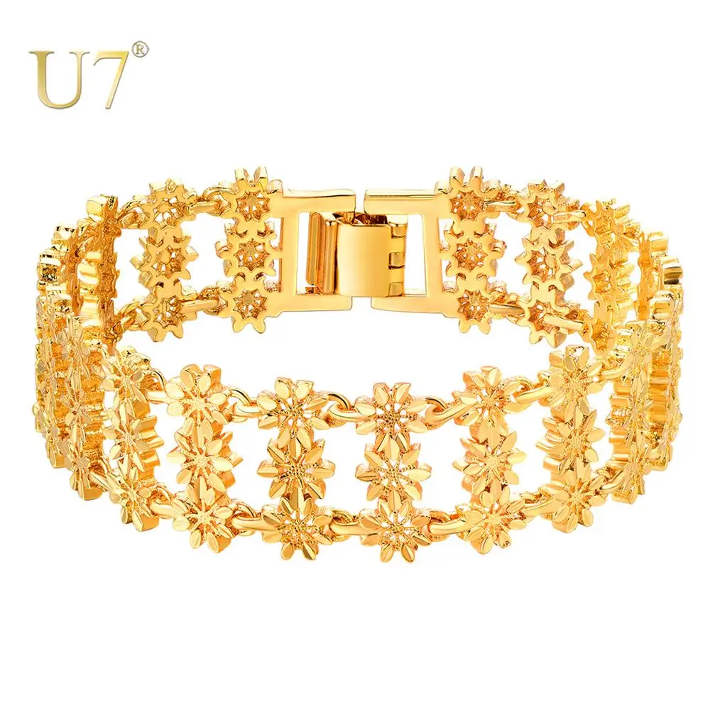 U7 Hollow Flower Pattern Wide Band Bangle Bracelet For Women Exquisite Copper Gold Color 19CM QC24