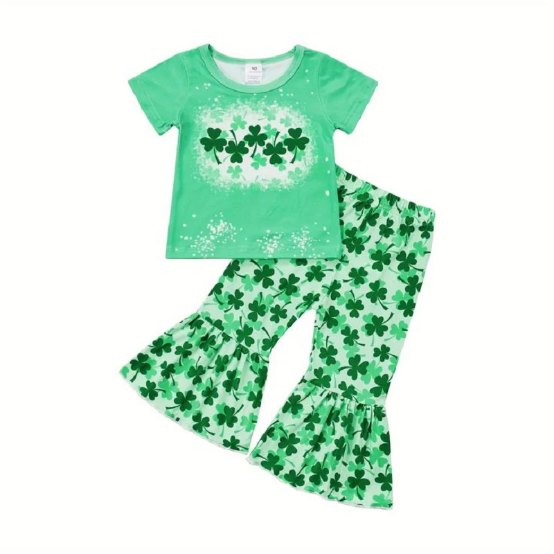 St. Parker green four-leaf clover short sleeve bell-bottom pants set girls clothing milk silk boutique wholesale