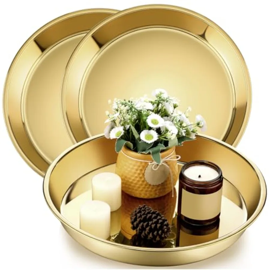

3 Pcs Gold Round Serving Tray Stainless Steel Circle Decorative Vanity Gold Plate Metal Jewelry Makeup Organizer Dishes for Gif