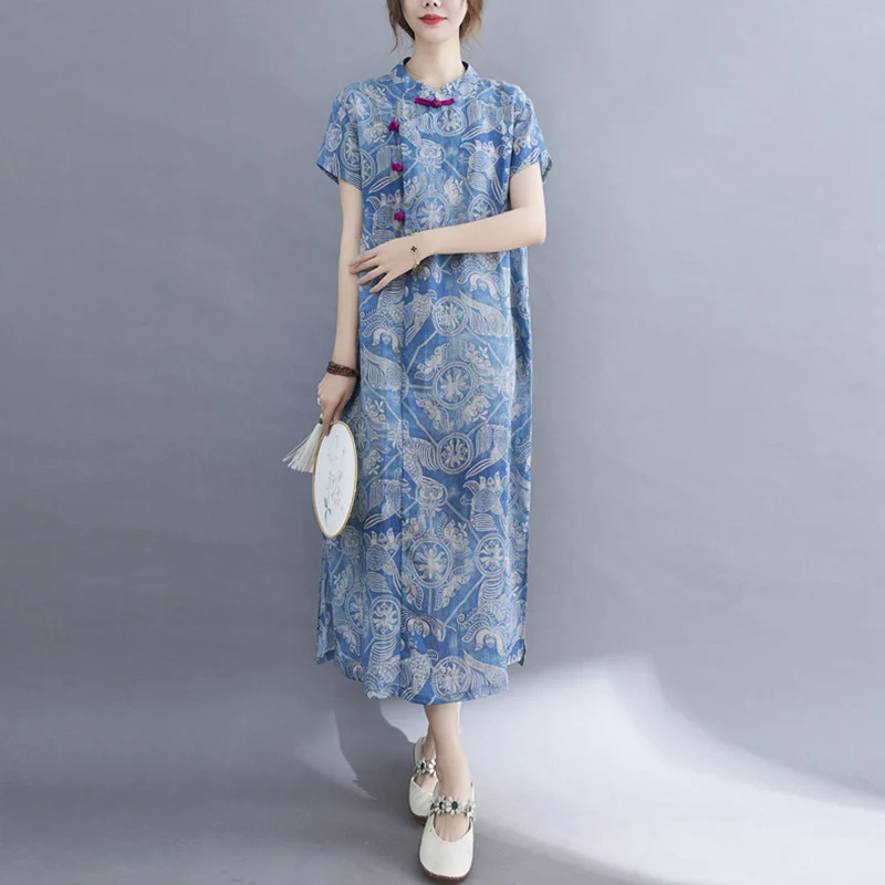 

Artistic Blue And White Porcelain Print Maxi Dr ort Sve Stand Collar Large Size Women's Faion A-Line Skirt