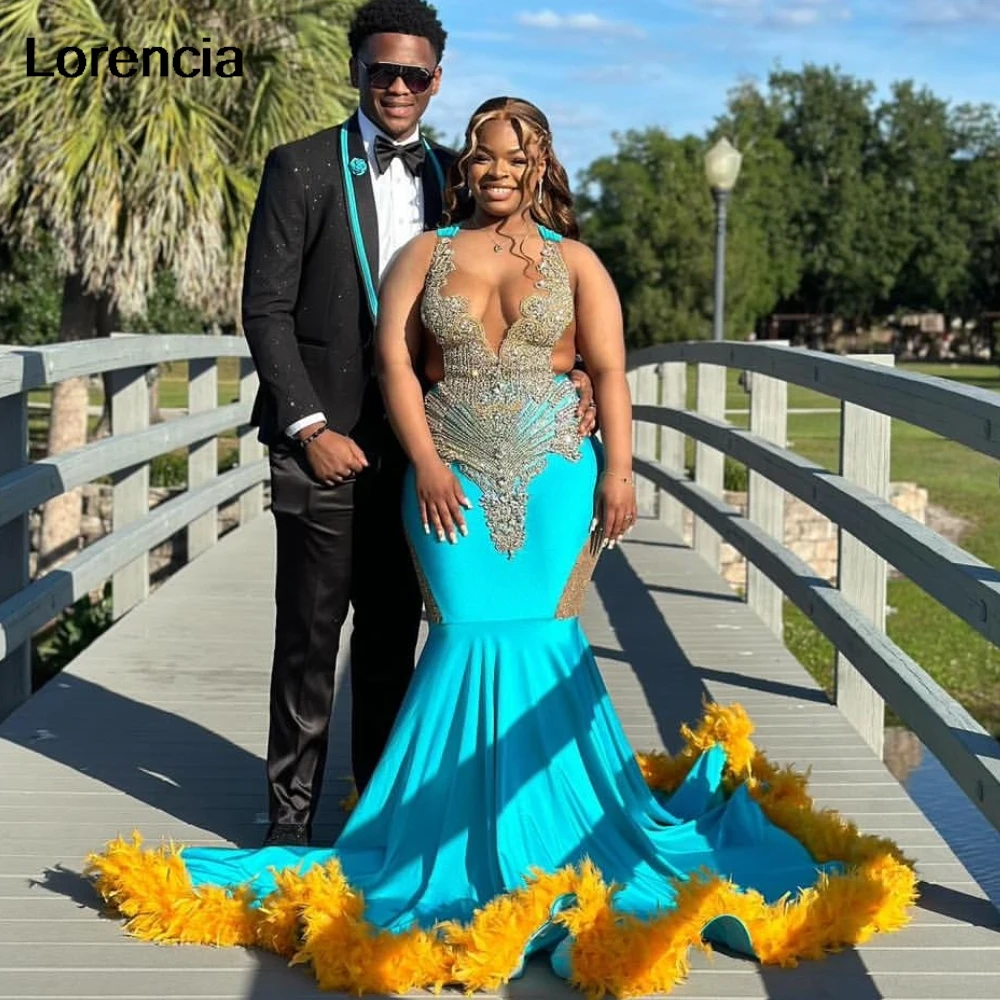

Customized Green Velvet Prom Dress Mermaid Feather Sequins Beaded Crystals Black Girls Nigeria Robe De Soiree Party Gown YPD175