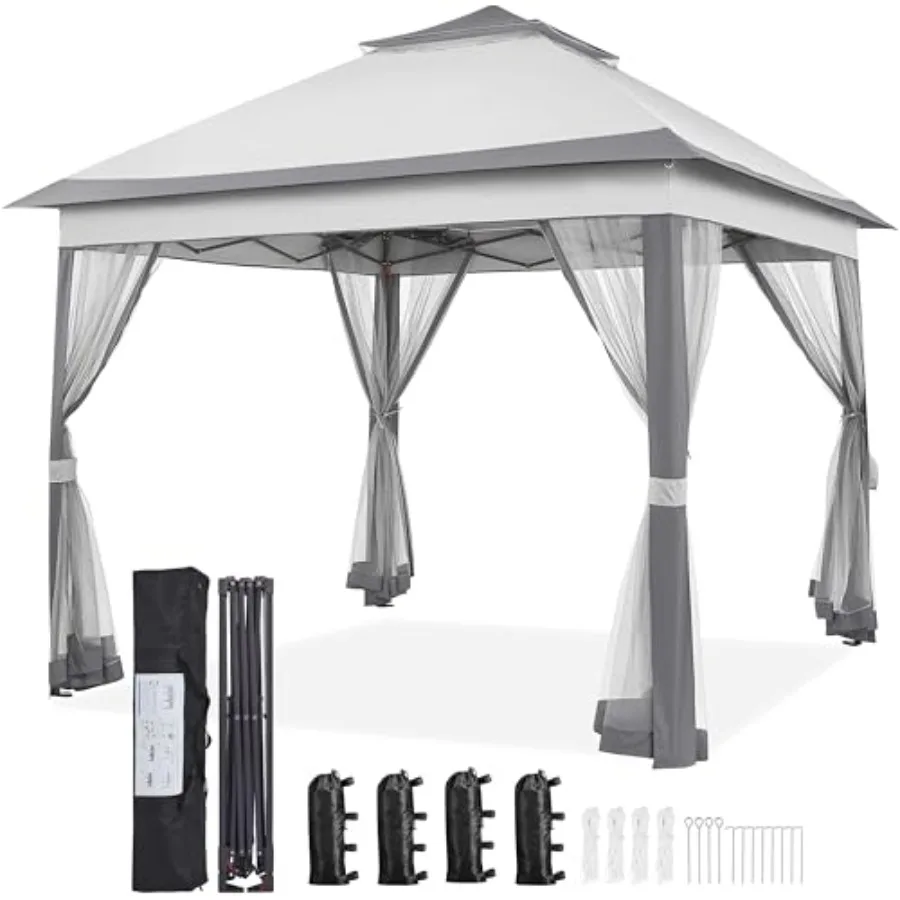 11x11 Pop Up Gazebo Double-Tier Canopy Tent w/Mesh Netting, Gray
