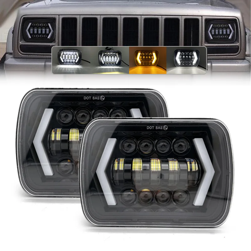 

2pcs 5X7" 7x6 Inch DRL H4 LED Headlights For Jeep Wrangler Cherokee XJ Comanche MJ Led Rectangle Car Work Light.