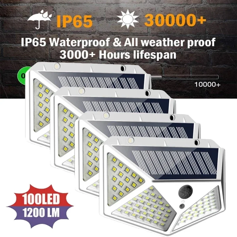 1~12pcs Solar Lights Outdoor 100 LED Wall Lamp PIR Motion Sensor Light 3 Lighting Modes Sunlight Street Light for Garden Fence