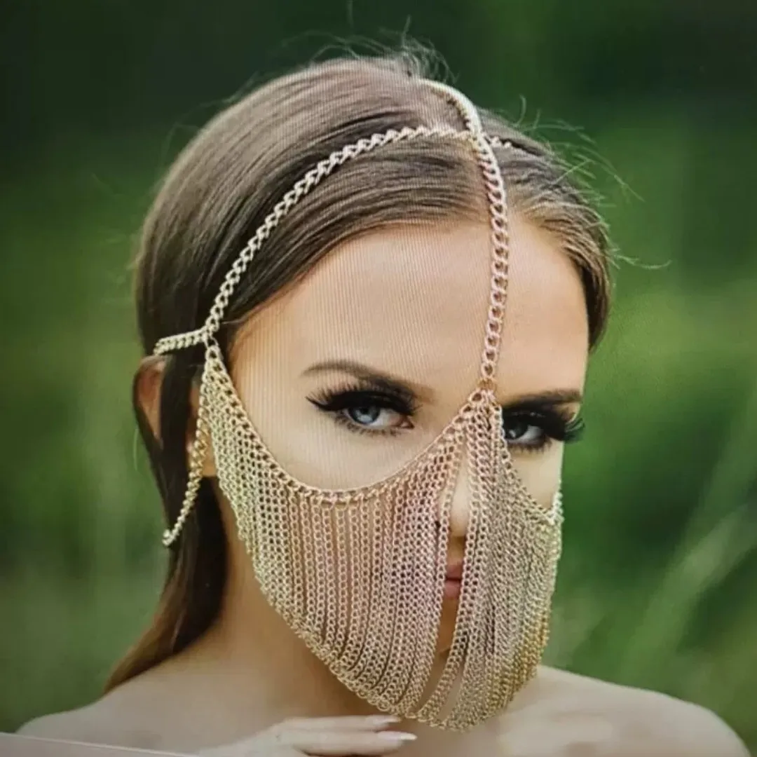 

European and American popular head chain, personalized metal chain, half-cover face curtain, headgear, face mask
