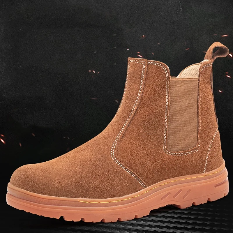 men's fashion steel toe caps working boots cow suede leather welding shoes worker safety chelsea botas slip-on security footwear