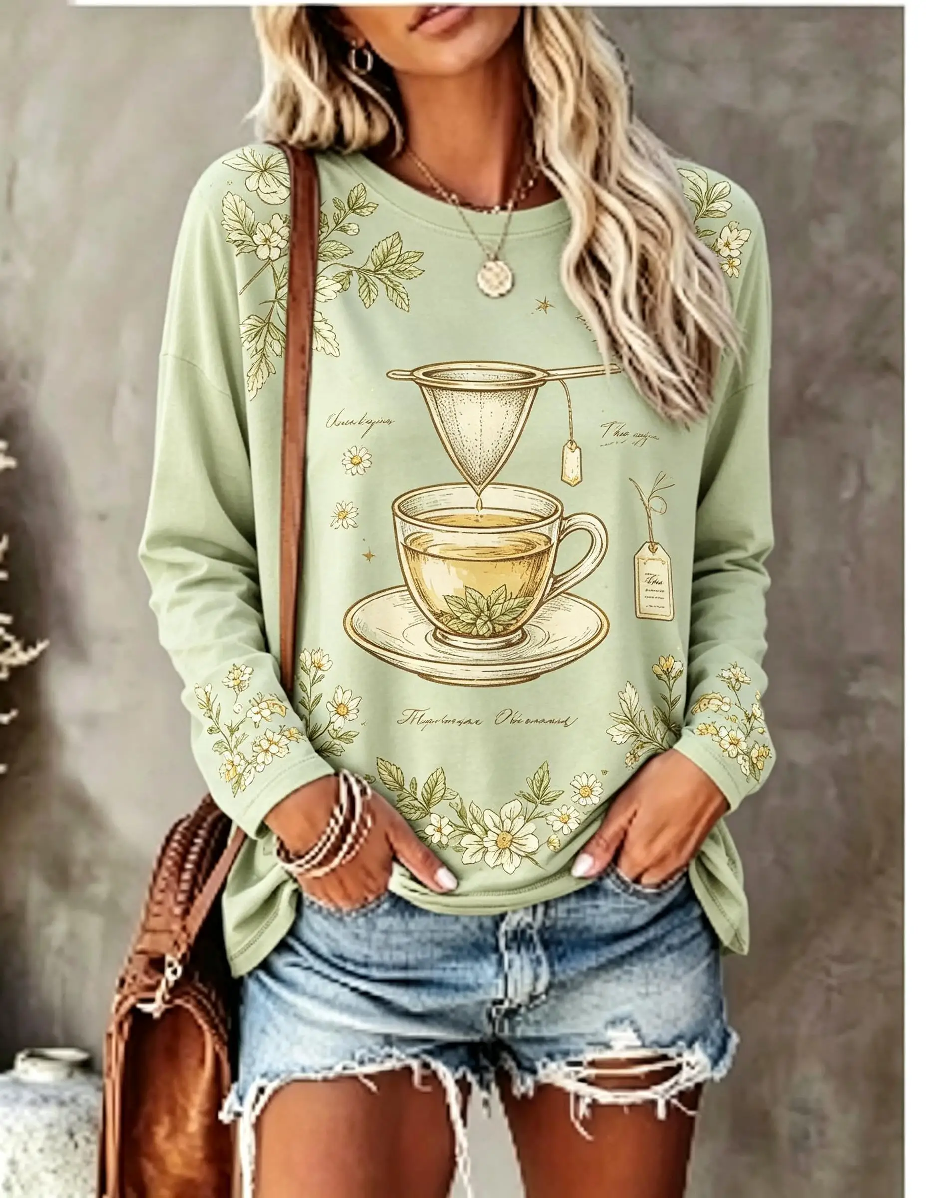 Women Long Sleeve T‑Shirt Vintage Tea Cup Daisy Floral Cottagecore Botanical Print Crew Neck Casual Tops