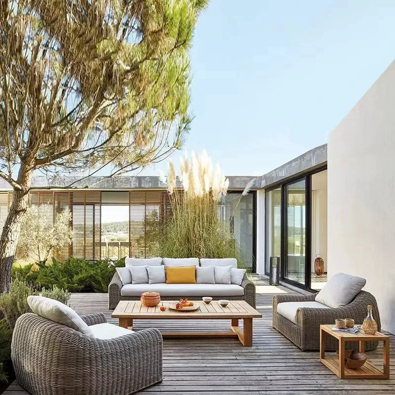 

Outdoor rattan sofa waterproof sunscreen patio balcony garden rattan chair outdoor open-air leisure rattan sofa