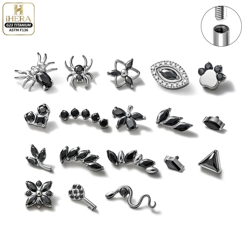 ASTM F136 Titan Piercing-Set mit schwarzen CZ-Steinen, Spider-, Snake-, Leaf-, Key-Design, flacher Rückseite, für Helix, Tragus, Conch, Knorpel und Labret-Ringe.
