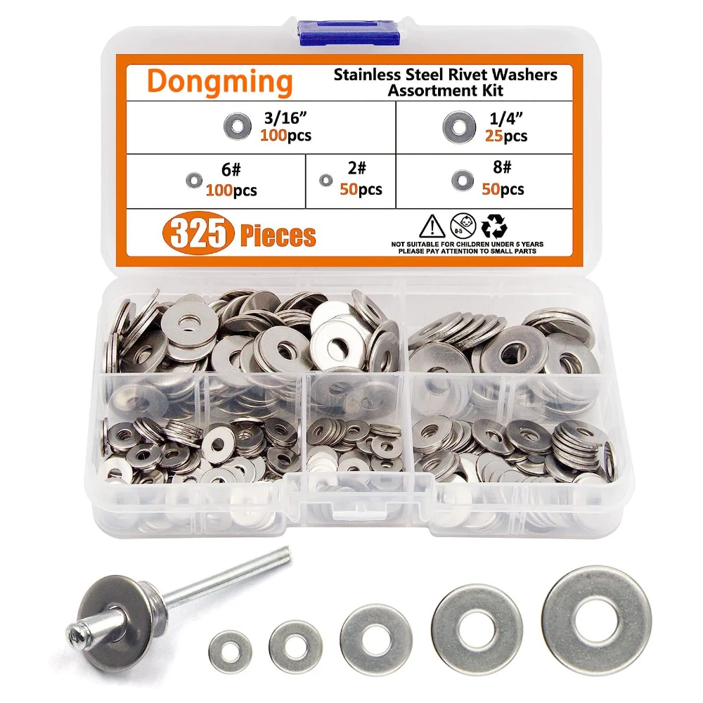 

325pcs 304 Stainless Steel Flat Washers Set , Plain Gaskets American Size rivets Washers Rings (2# 6# 8# 3/16" 1/4") For rivets