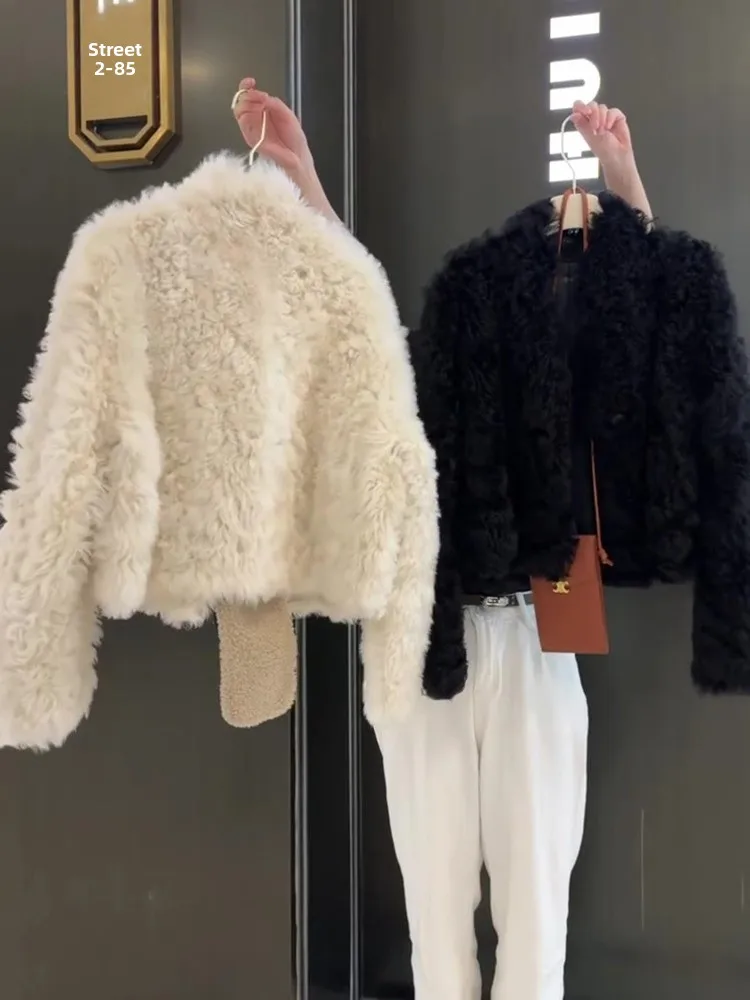معطف نسائي شتوي جديد من فرو الخروف من American Retro Ele Bla معطف نسائي شتوي جديد من الجلد من الفرو المتكامل معطف طويل Sve
