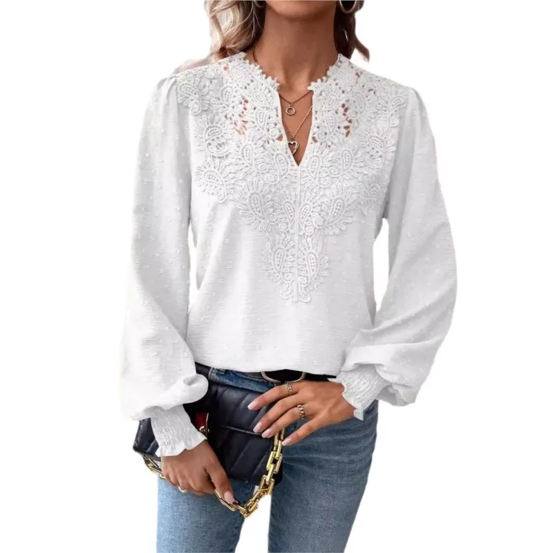 Camisa elegante con decoración de encaje calado para mujer, jersey con cuello de pico profundo, blusa femenina de Color sólido, Tops de manga larga con farol de Jacquard