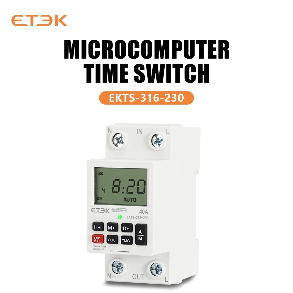 ETEK-Relais Intelligent Programmable avec Batterie, Compte à Rebours de 7 Jours, Rail Din, Hebdomadaire, Heure, 220V, 40A, 2P, EKTS316