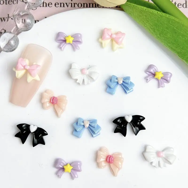 

50Pcs Resin Macaron Heart Star Bows Nail Charms Double Color Luminous Ribbon Bowknots Nail Art Decorations for DIY Nails Parts