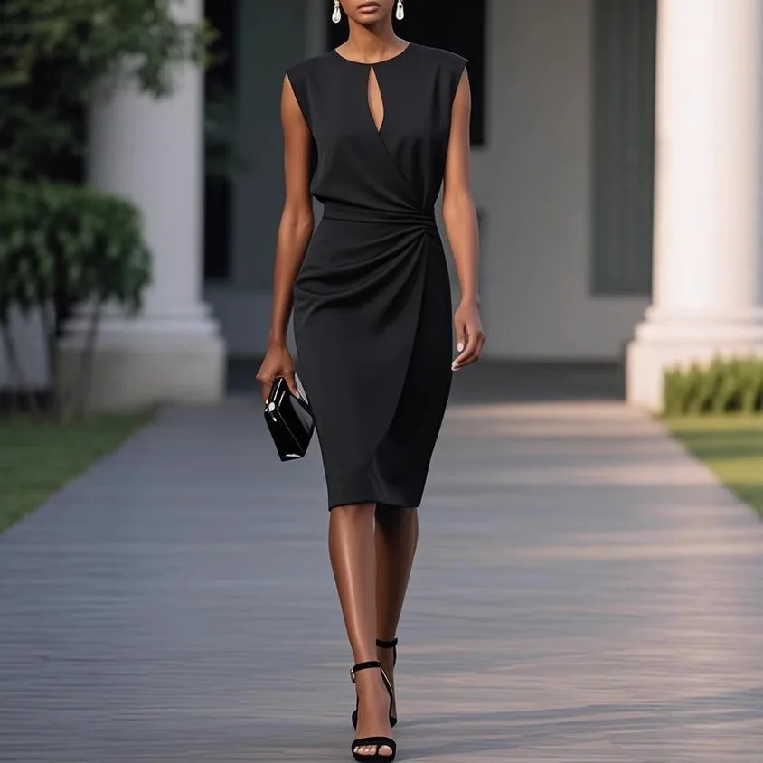 

2025 New Elegant Women's Dress Retro O-neck High Waist Pleated Slim Fashion Office Lady Knee-length Female Midi Skirt