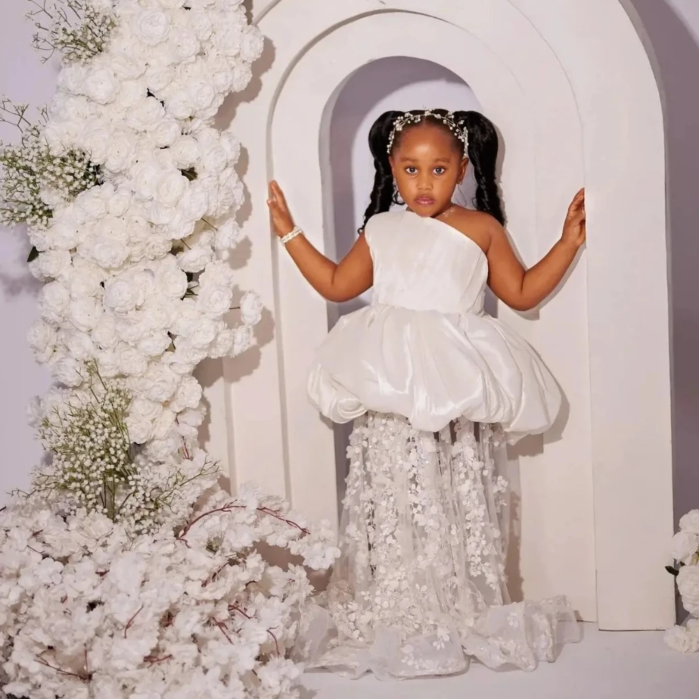 Customized White One Shoulder Flower Girl Dress for Wedding Lace Illusion Princess First Communion Baby Birthday Party Ball Gown