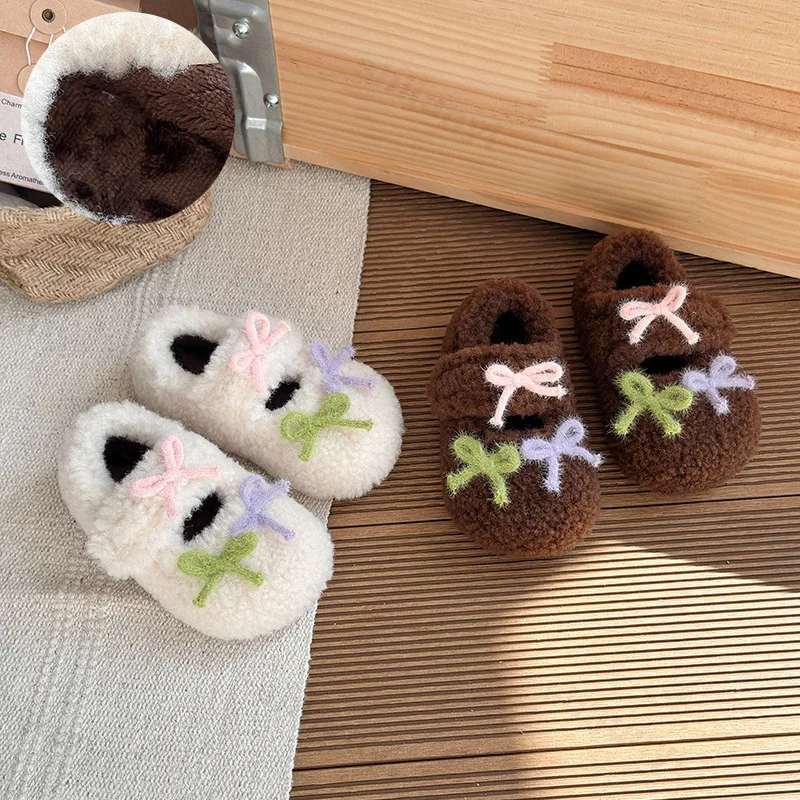

Girls' Cute Bow Warm Hairy Soft Soled Single Shoes 2025 Winter Childrens' Retro Versatile Plush Comfortable Low Top Cotton Shoes