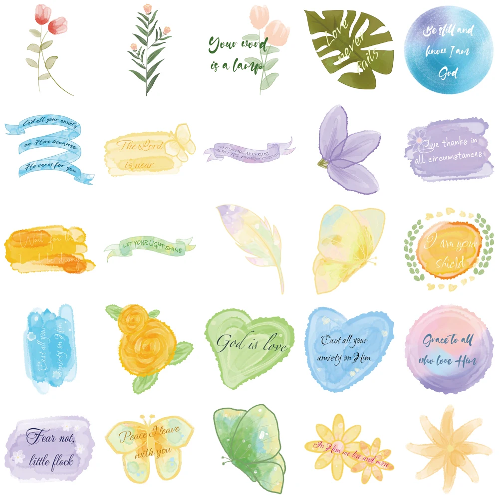 50PCS Creative Watercolor Dyeing English Stickers Decorative Water Cup Phone Case PET Transparent Material Personalized Stickers